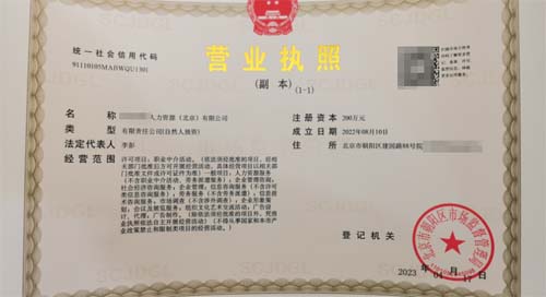 公司注冊案例:我公司為xxxx國際人力資源公司完成營業(yè)執(zhí)照代辦業(yè)務